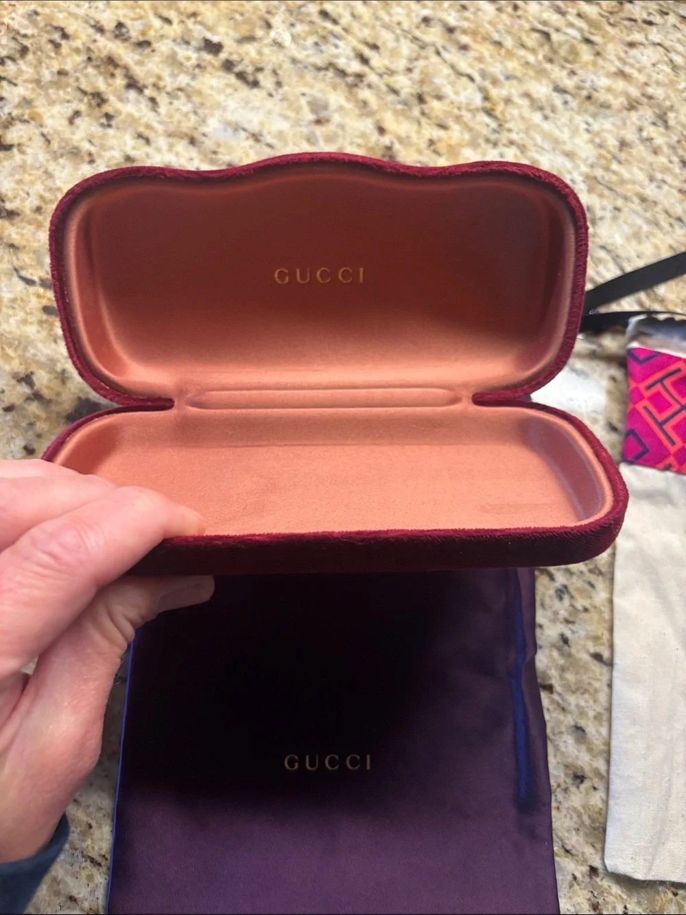 Designer Gucci Velvet Eyewear Case Gucci Plum Dust Bag and Tory Burch dust bag